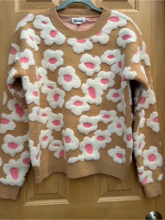 &Merci Sweaters - &merci Camel Floral Crewneck Sweater with Pink Accents